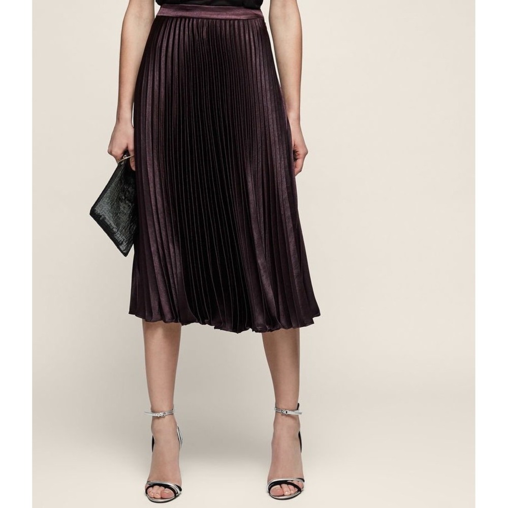 Reiss Alisa Satin Pleated Midi Skirt Metallic Sunray Pleat Size 6